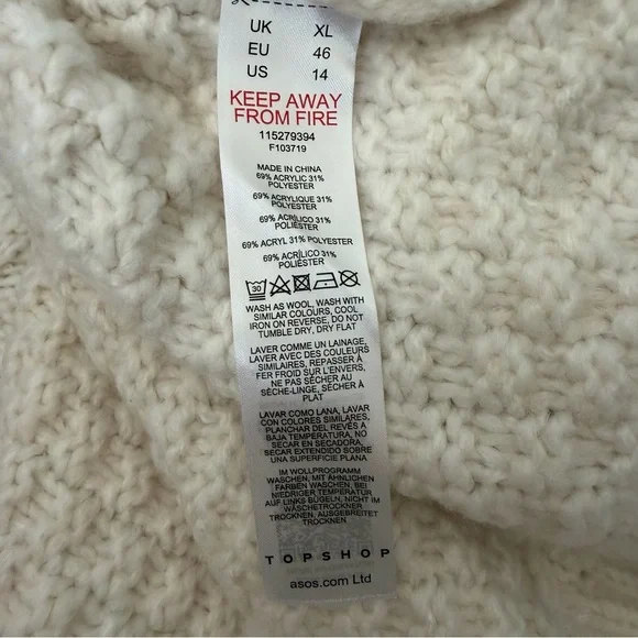 Topshop Cream Chunky Cable Balloon Long Sleeve Boho Cozy Knit Sweater  Size 14 - Picture 8 of 12